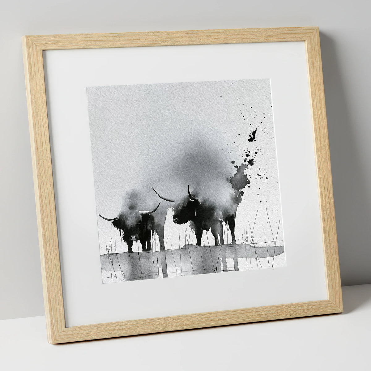 Abstract Monochrome Highland Cattle lake district wildlife art print in natural frame