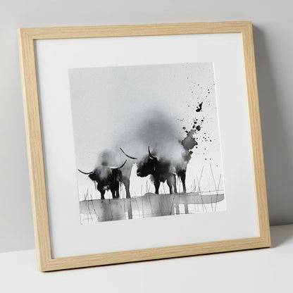 Abstract Monochrome Highland Cattle lake district wildlife art print in natural frame