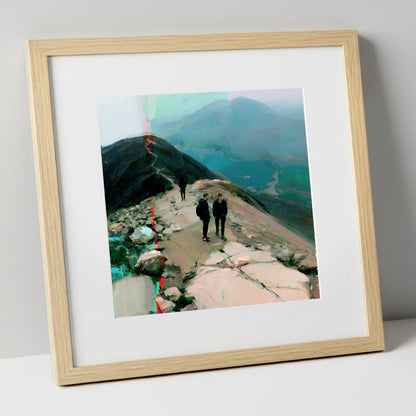 Mountain Hikers on Misty Ridge lake district fell art print in natural frame