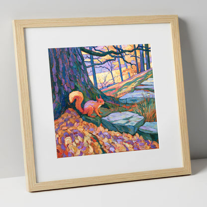 Red Squirrel in Vibrant Woodland lake district wildlife art print in natural frame