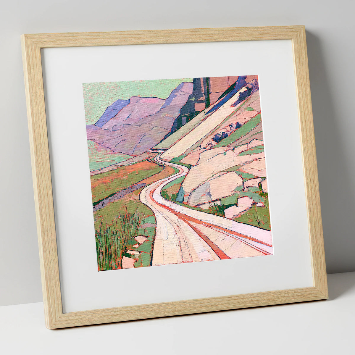 Vibrant Winding Mountain Pass lake district valley art print in natural frame