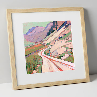 Vibrant Winding Mountain Pass lake district valley art print in natural frame