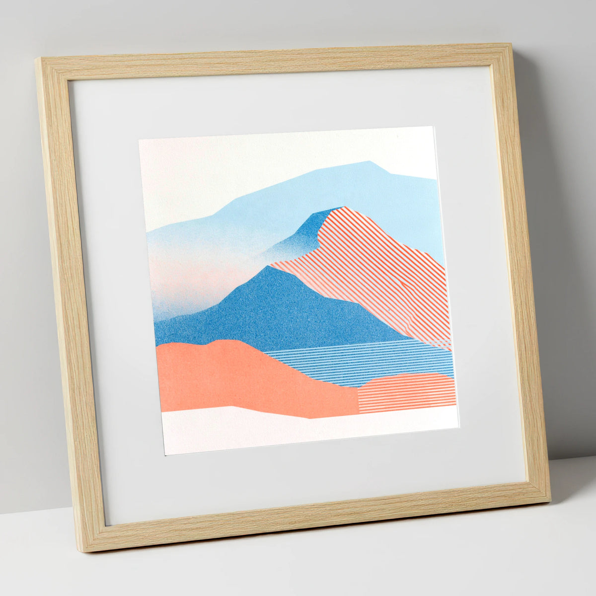 Graphic Coral Mountain Ridge lake district fell art print in natural frame