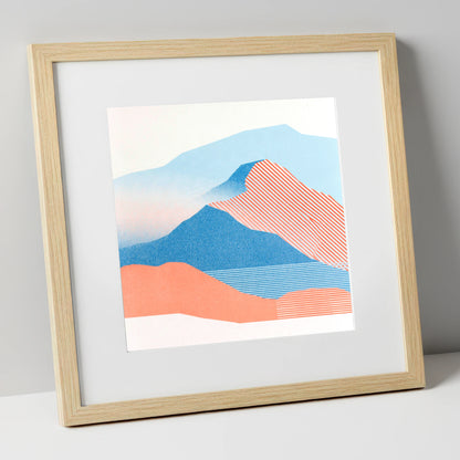 Graphic Coral Mountain Ridge lake district fell art print in natural frame