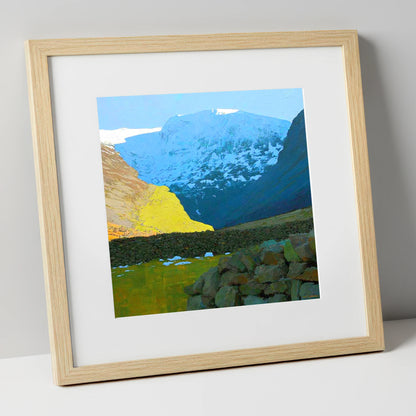 Winter Sunlight Over Seathwaite Fell lake district fell art print in natural frame