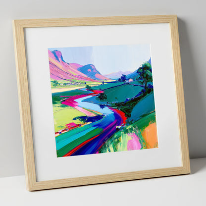 Vivid Winding River Through Fells lake district waterfall art print in natural frame