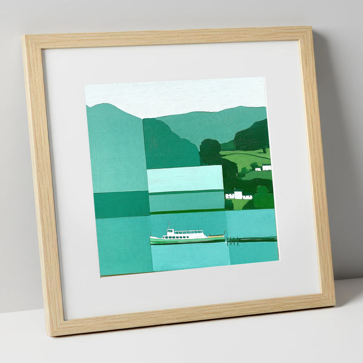 Geometric Ullswater Steamer at Glenridding lake district village art print in natural frame