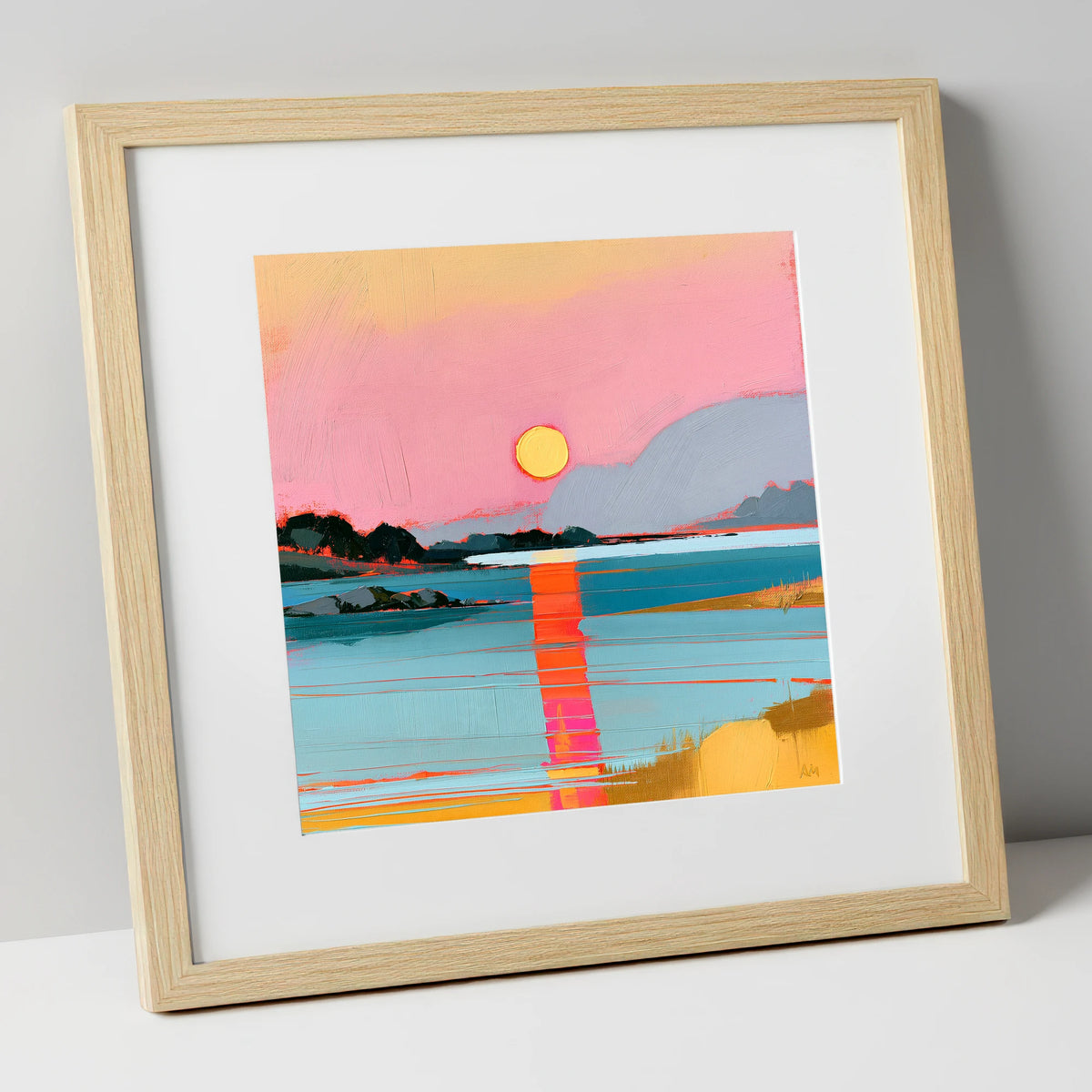 Vibrant Pink Sunset Over Water lake district lake art print in natural frame
