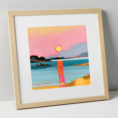 Vibrant Pink Sunset Over Water lake district lake art print in natural frame