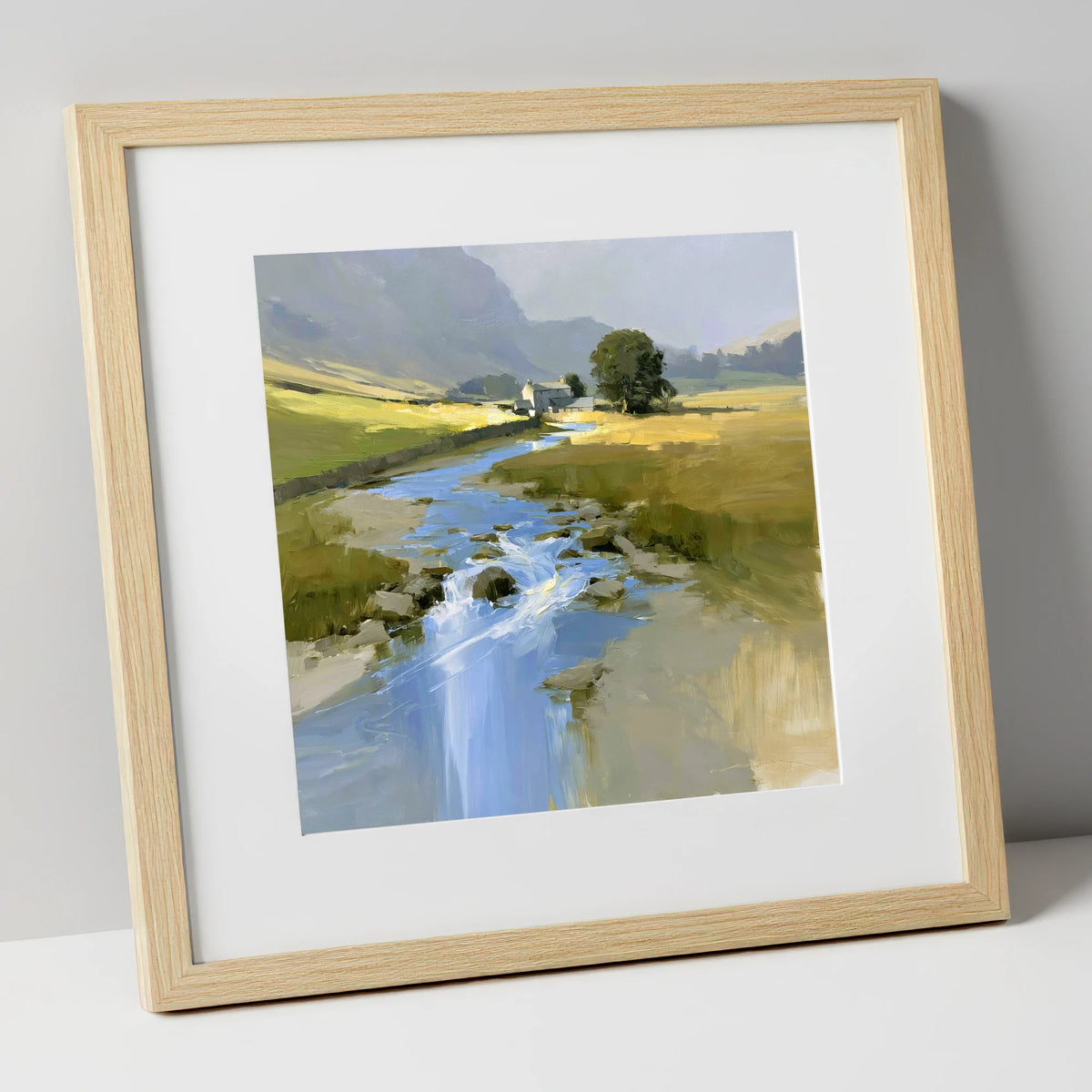 Sunlit Valley Beck and Farmhouse lake district waterfall art print in natural frame