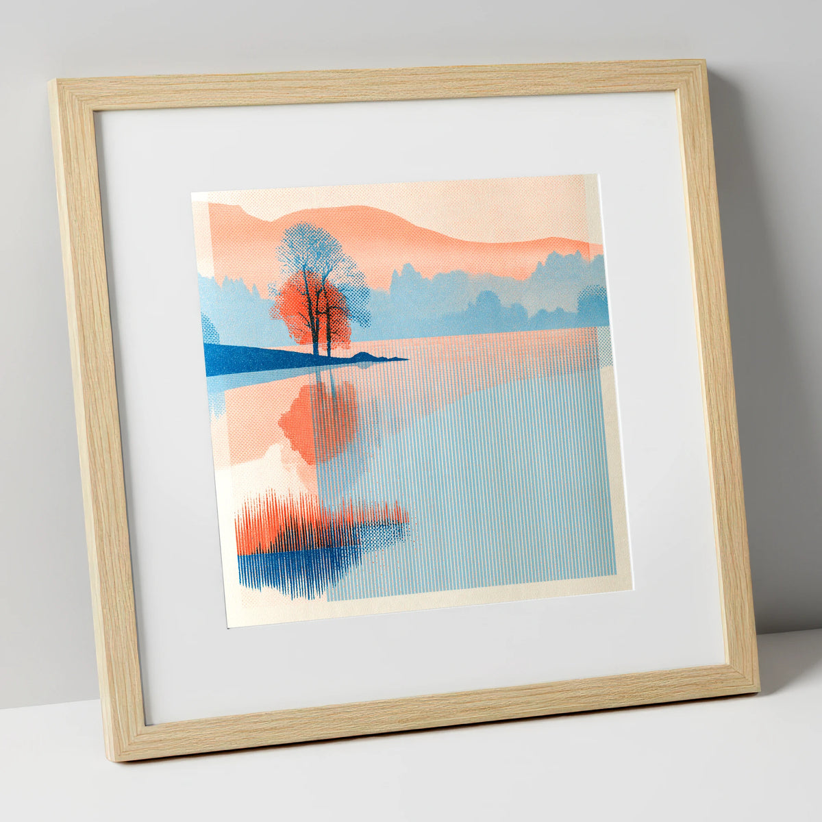 Modern Coral Lake Dawn lake district lake art print in natural frame
