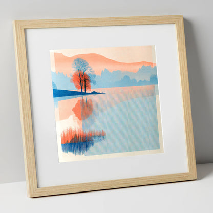 Modern Coral Lake Dawn lake district lake art print in natural frame