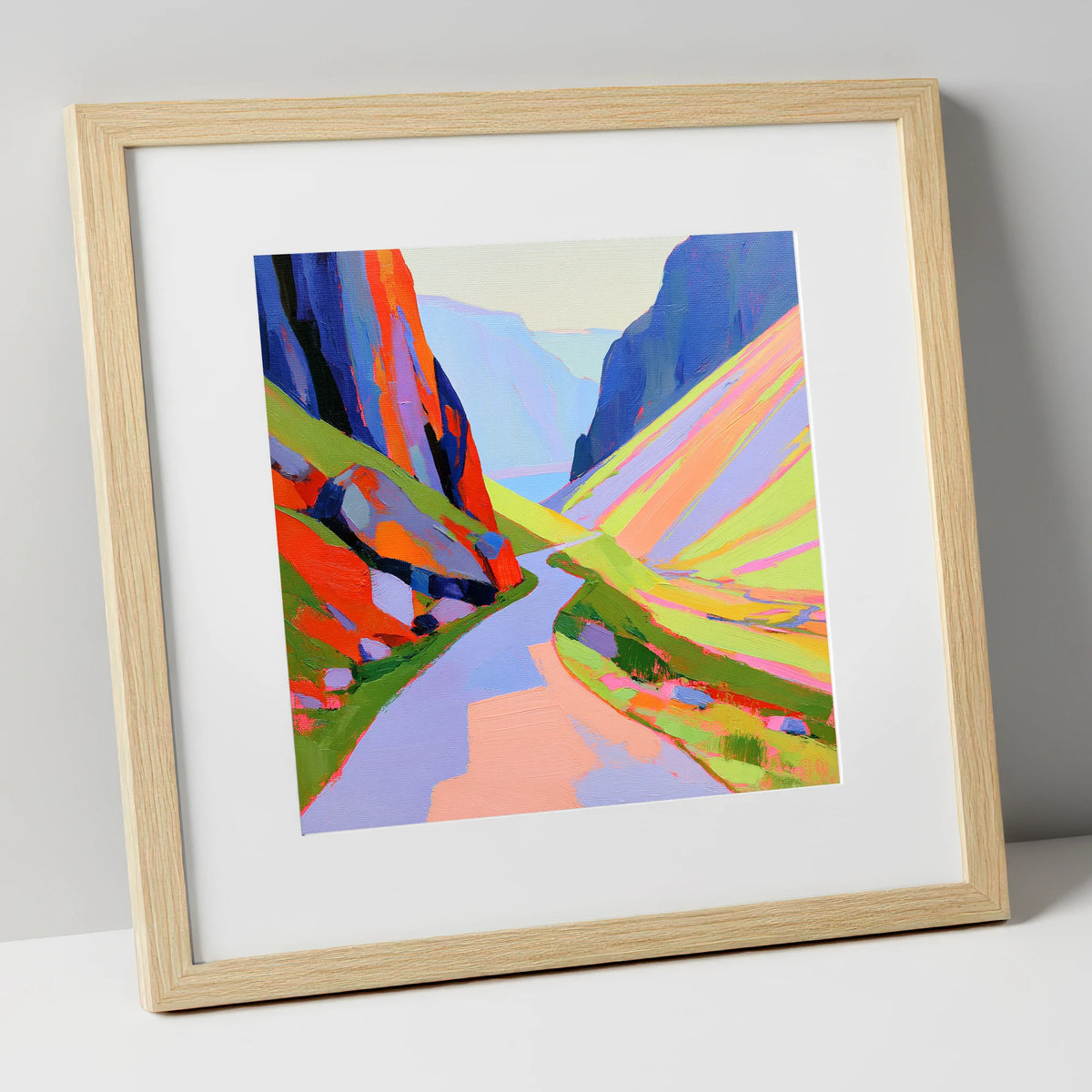 Winding Pass in Bold Hues lake district valley art print in natural frame