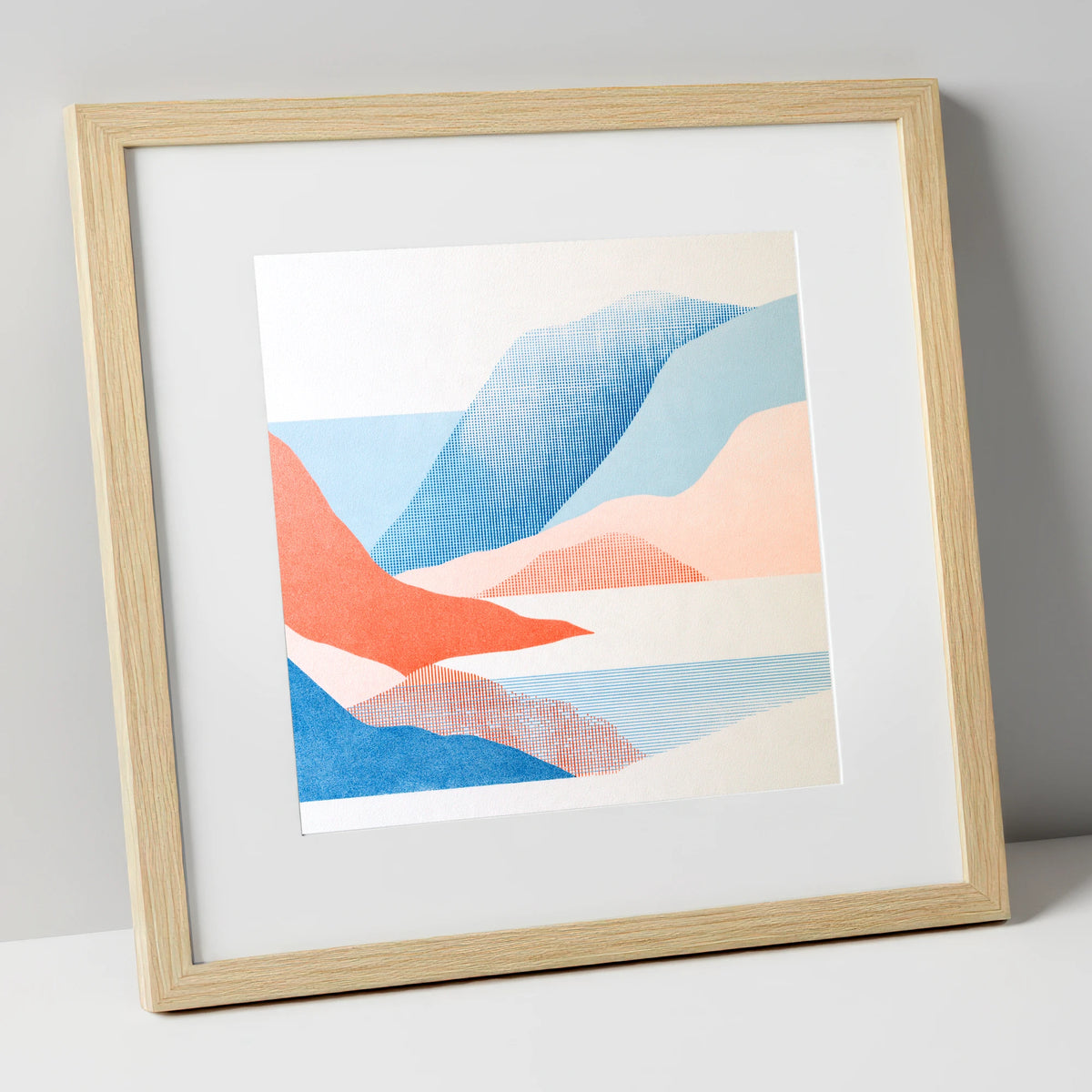 Borrowdale Valley in Coral and Blue lake district valley art print in natural frame