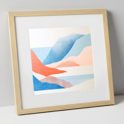 Borrowdale Valley in Coral and Blue lake district valley art print in natural frame