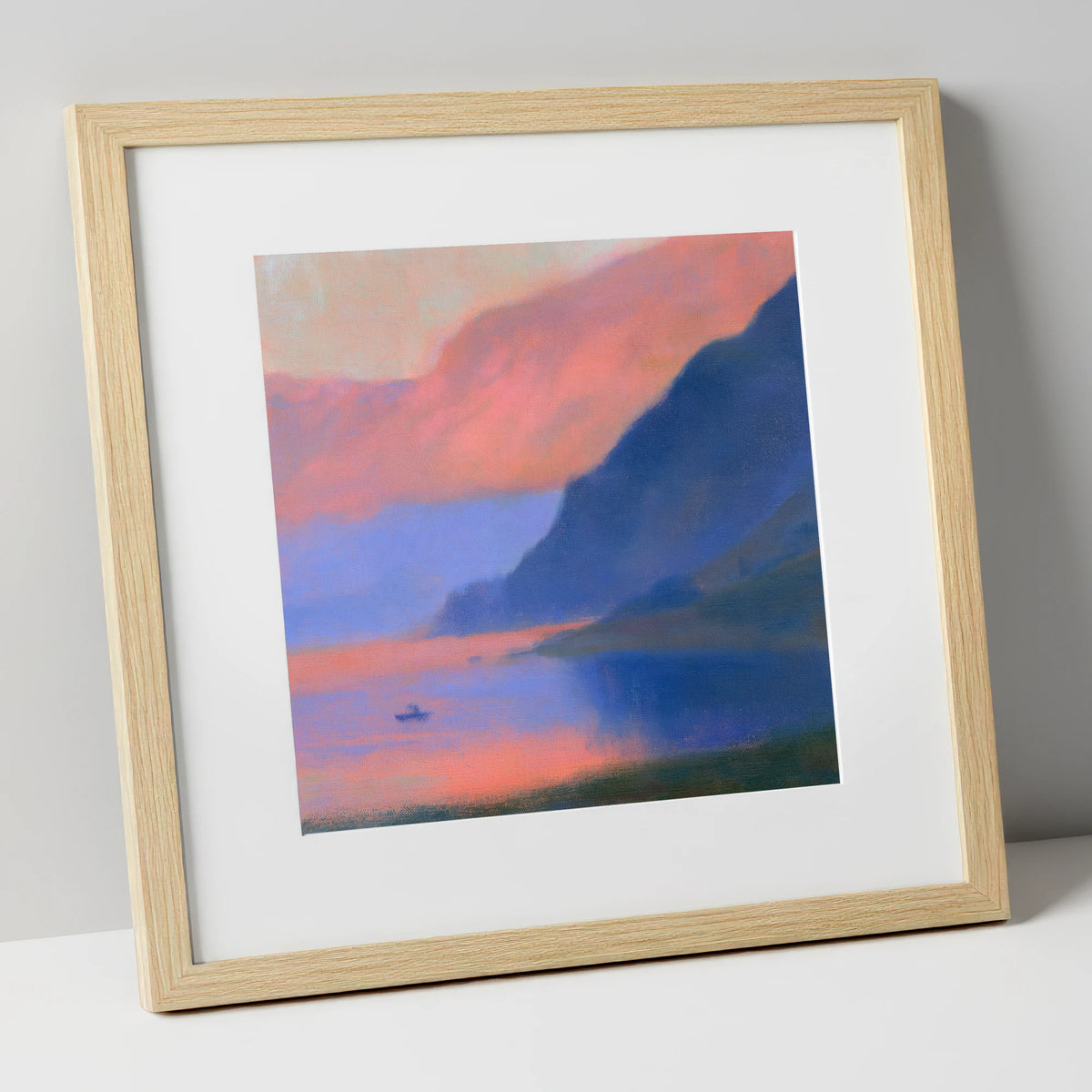 Indigo Fells at Pink Twilight lake district lake art print in natural frame