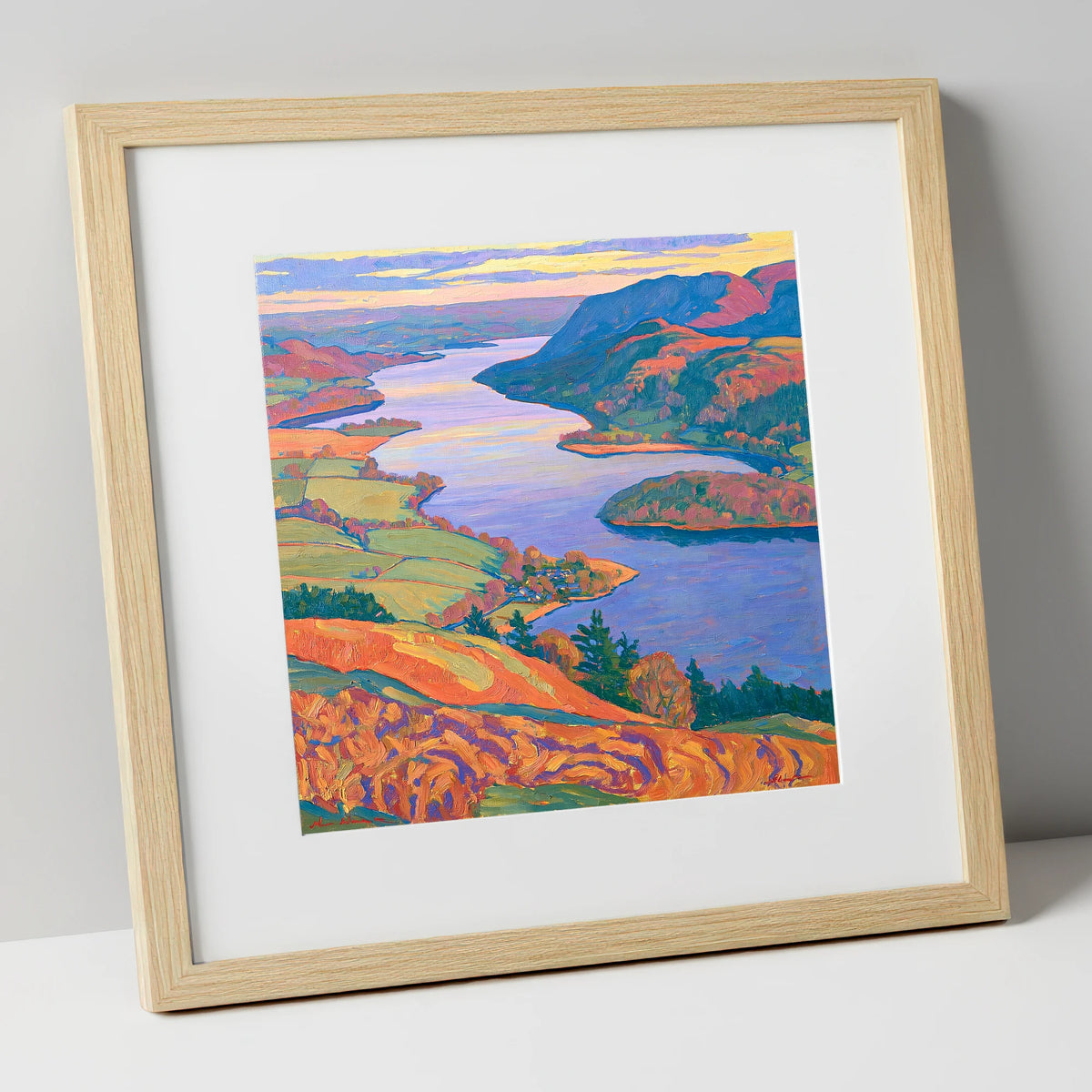 Bold Ullswater and Pooley Bridge lake district village art print in natural frame