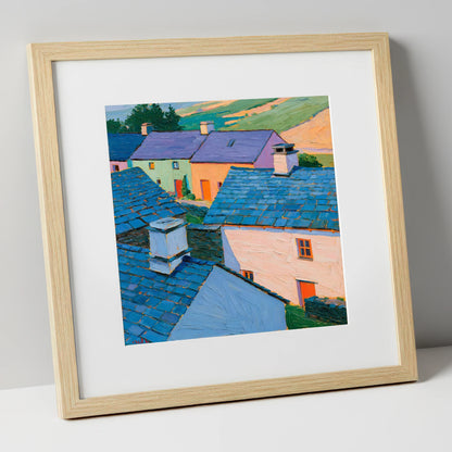 Colourful Slate Roofed Village Cottages lake district village art print in natural frame