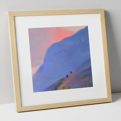 Walkers Ascending the Twilight Fell lake district walking art print in natural frame