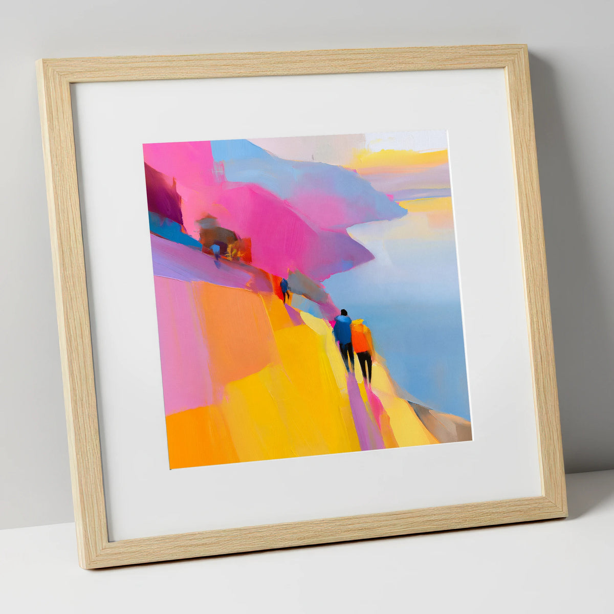 Bright Lakeside Mountain Path lake district walking art print in natural frame