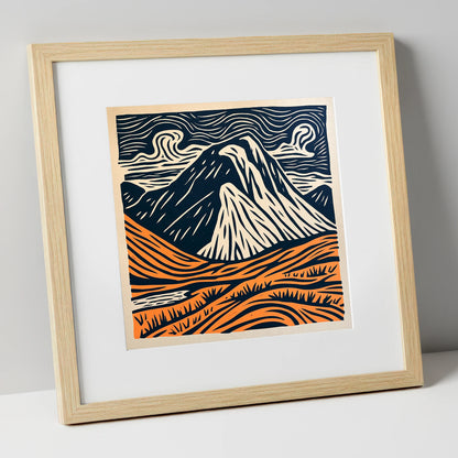 Great Gable in Navy and Orange lake district fell art print in natural frame