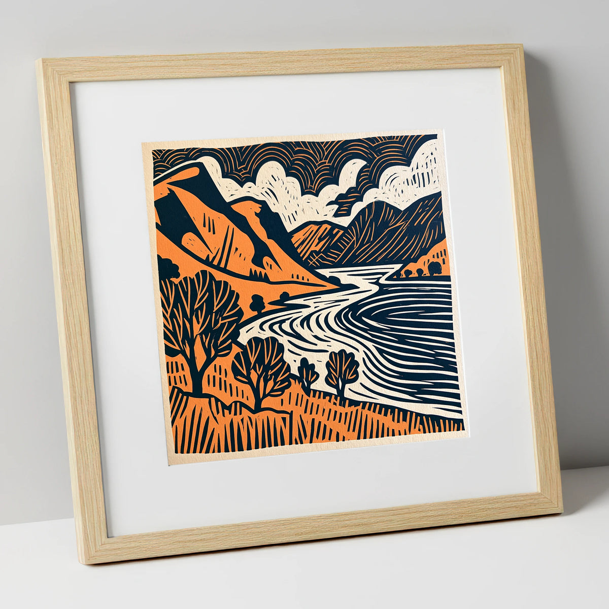 Rhythmic Ullswater Fells and Water lake district lake art print in natural frame