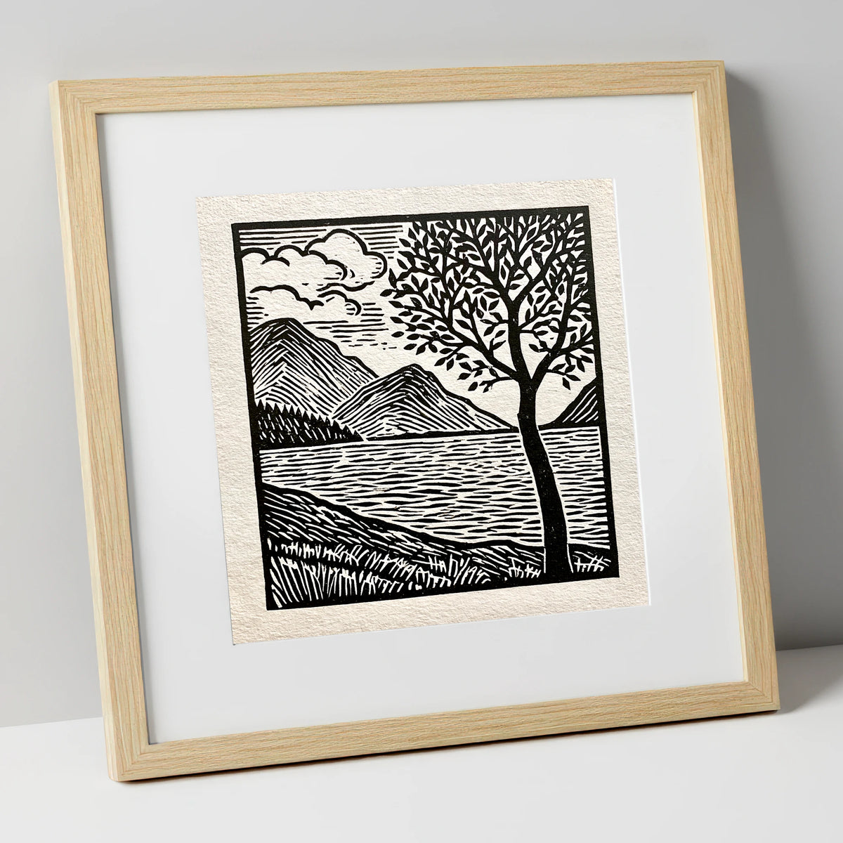 Graphic Crummock Water Fells lake district lake art print in natural frame