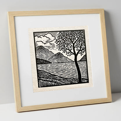 Graphic Crummock Water Fells lake district lake art print in natural frame