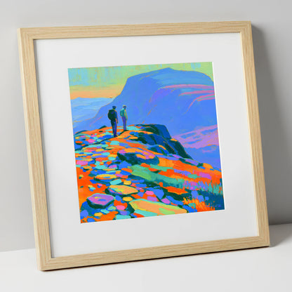 Colourful Fell Top Hikers lake district fell art print in natural frame
