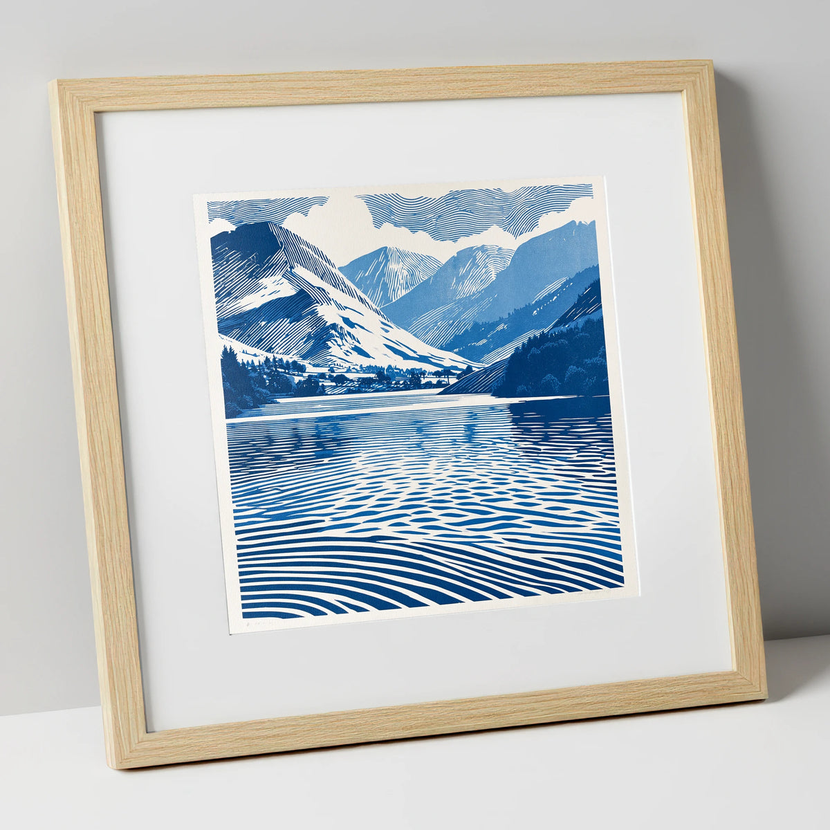 Cobalt Blue Lake And Fells lake district lake art print in natural frame