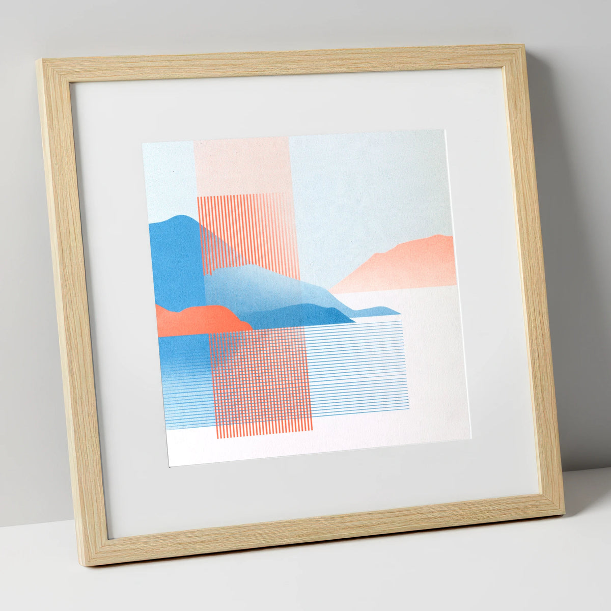 Derwentwater Fells Coral and Blue lake district lake art print in natural frame