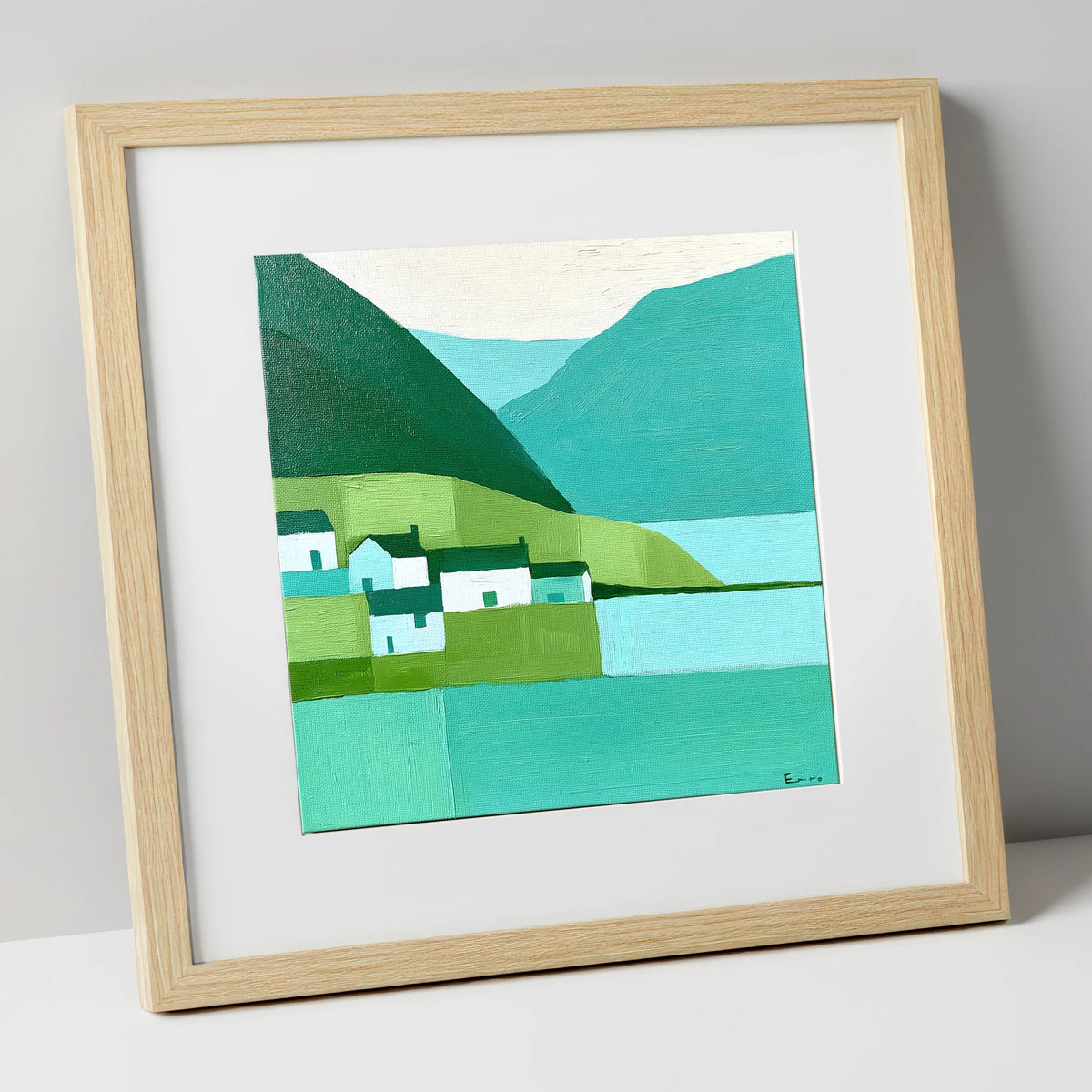 Modern Teal Lakeside Village lake district village art print in natural frame