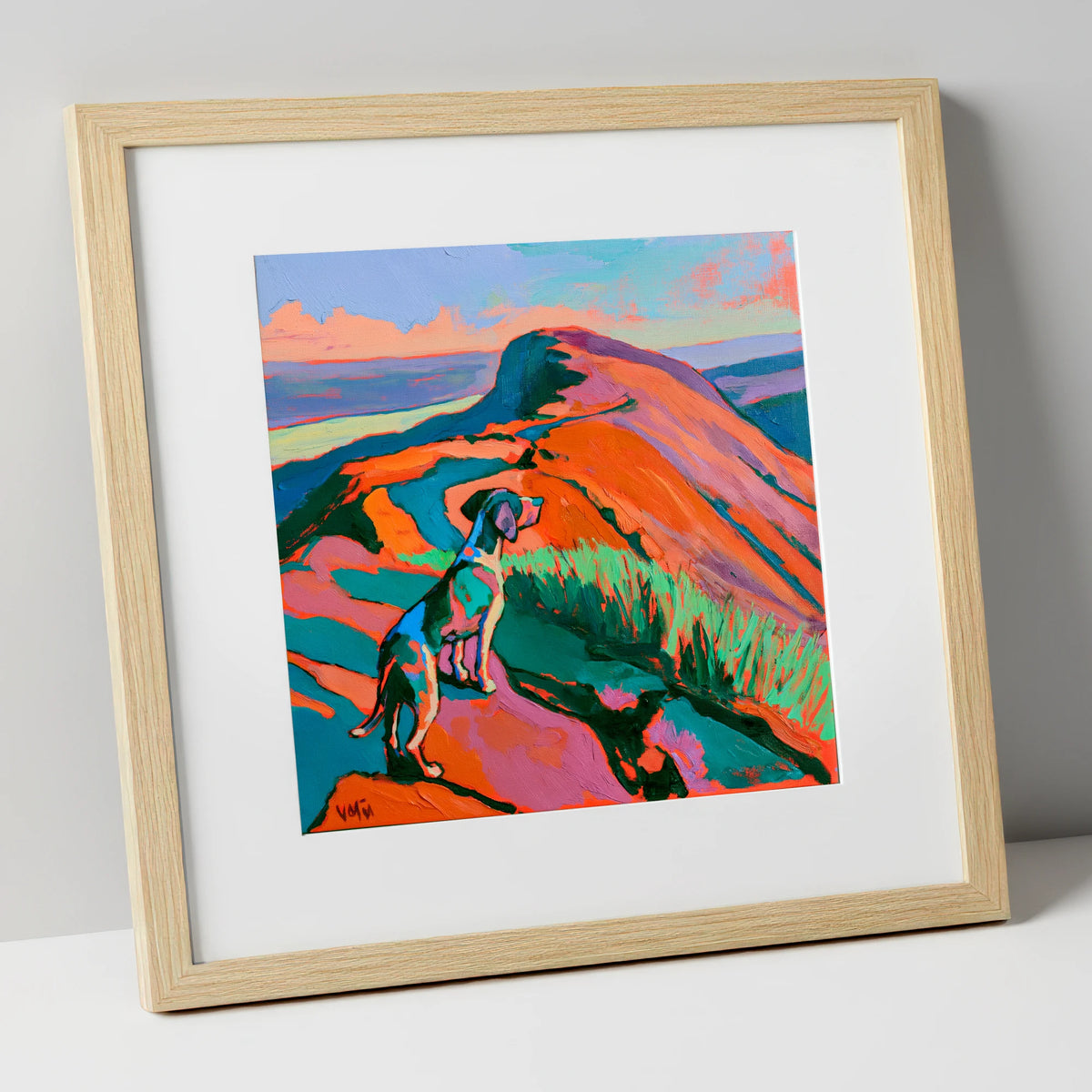 Vibrant Dog on Helvellyn Summit gifts for dog walkers art print in natural frame