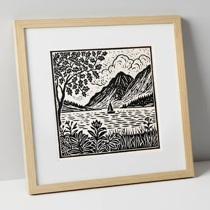 Monochrome Ennerdale Fells and Sailboat lake district valley art print in natural frame
