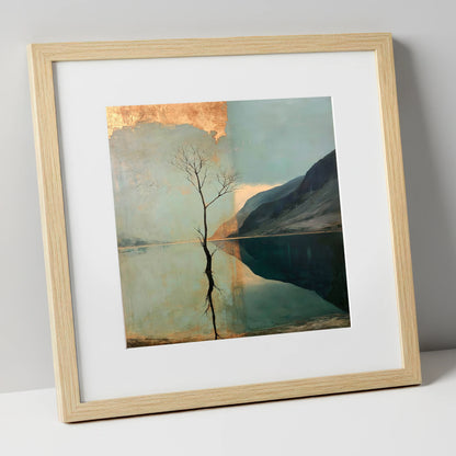 Buttermere Tree with Golden Sky lake district lake art print in natural frame