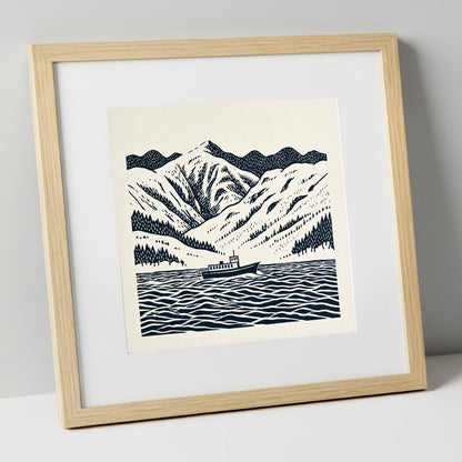Ullswater Steamer in Deep Navy lake district lake art print in natural frame