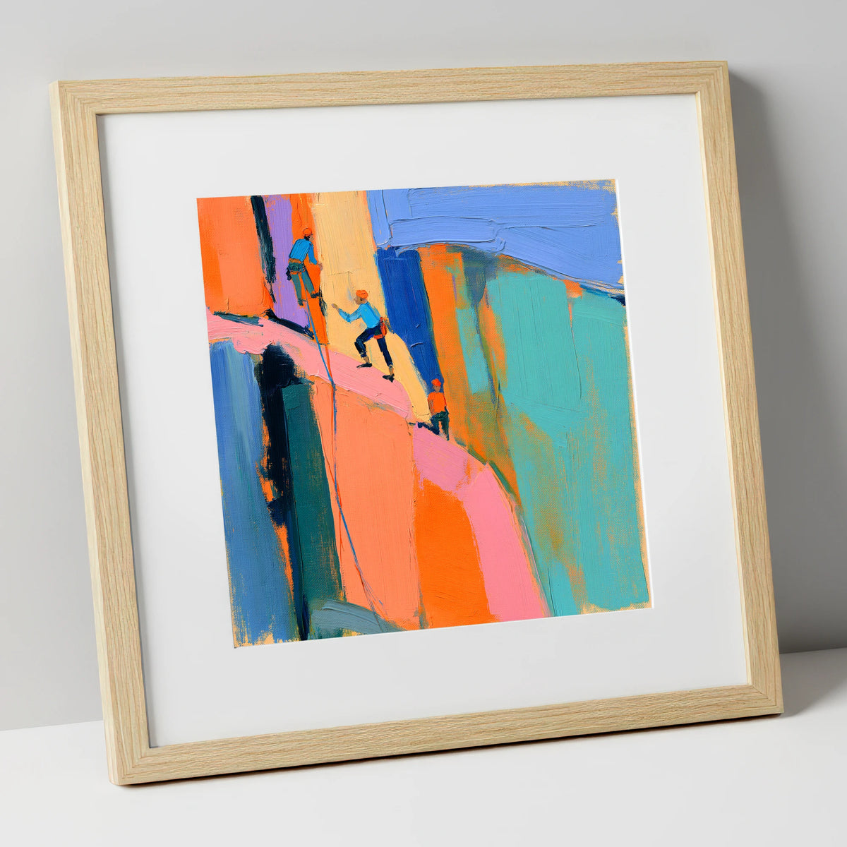 Vibrant Climbers on the Crag lake district walking art print in natural frame