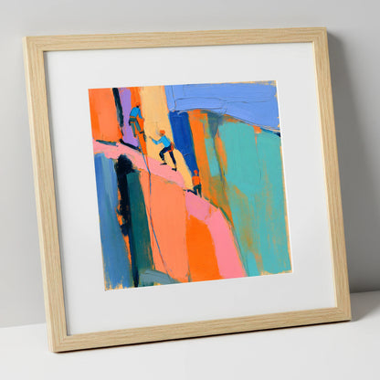 Vibrant Climbers on the Crag lake district walking art print in natural frame