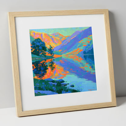 Vibrant Fells and Lake Reflections lake district lake art print in natural frame