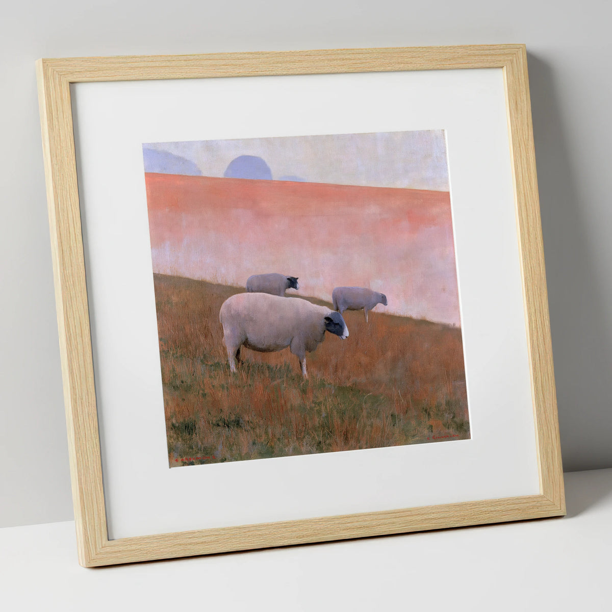 Herdwick Sheep on Pastel Fellside lake district wildlife art print in natural frame