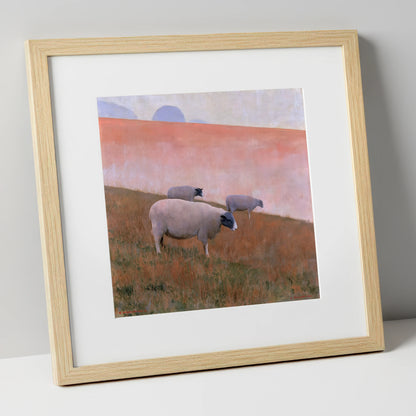 Herdwick Sheep on Pastel Fellside lake district wildlife art print in natural frame