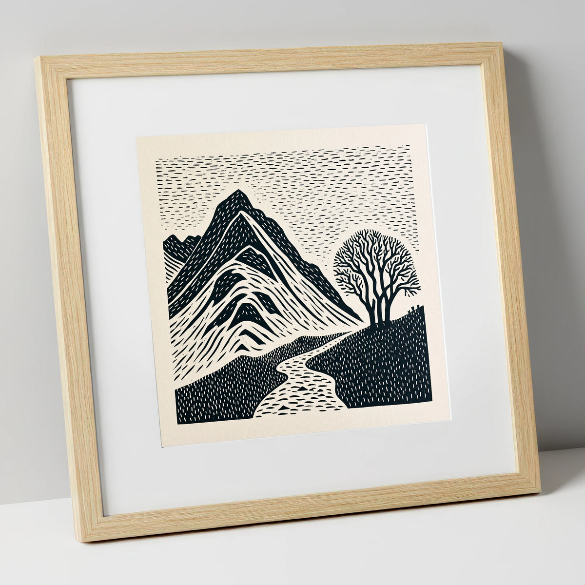 Graphic Bowfell and Lone Tree lake district fell art print in natural frame
