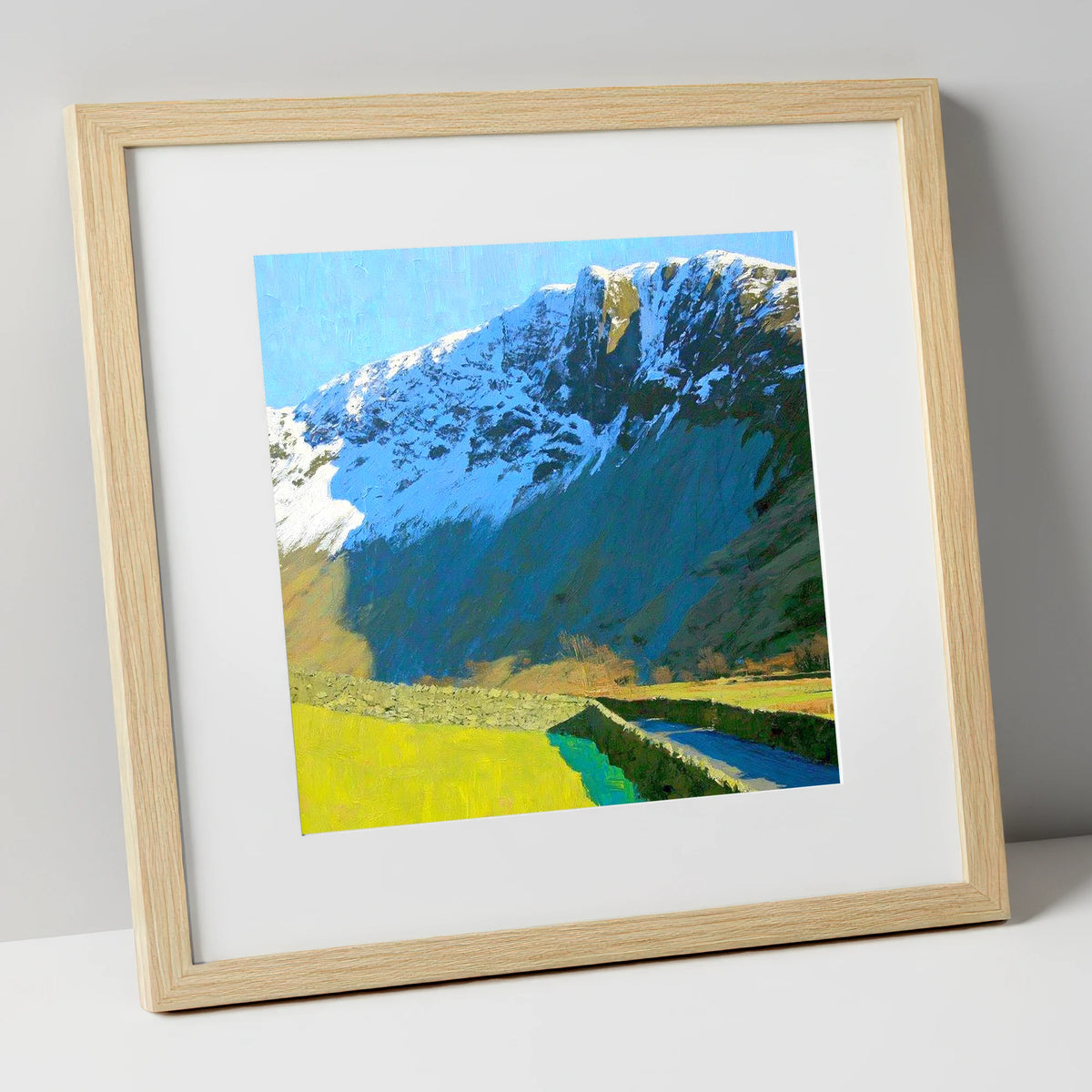 Vibrant Base Brown Snowy Ridge lake district fell art print in natural frame