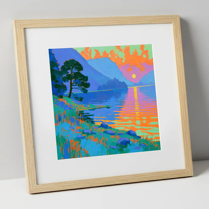 Bold Sunset Over The Lake lake district lake art print in natural frame