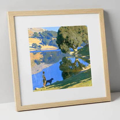 Sunlit Rydal Water Dog Walk gifts for dog walkers art print in natural frame