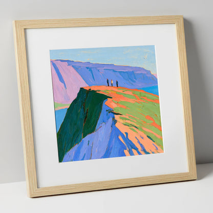 Hikers on a Vibrant Fell Top lake district fell art print in natural frame