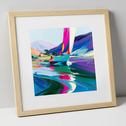Bright Sails on a Breezy Lake lake district walking art print in natural frame