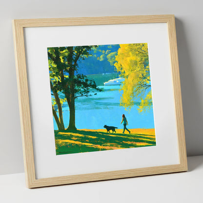 Vibrant Dog Walk at Windermere gifts for dog walkers art print in natural frame