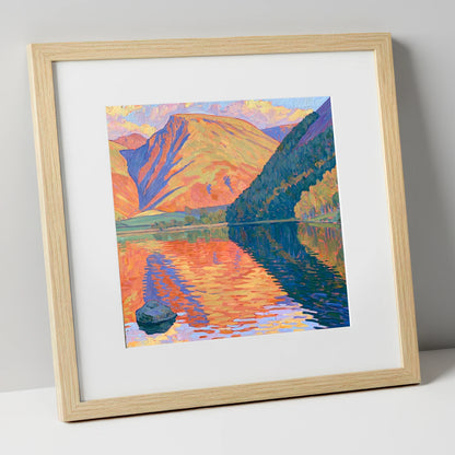 Vibrant Loweswater Sunset Reflections lake district lake art print in natural frame