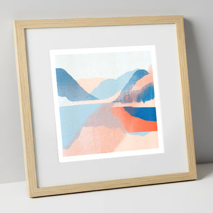 Abstract Halftone Buttermere Fells lake district lake art print in natural frame